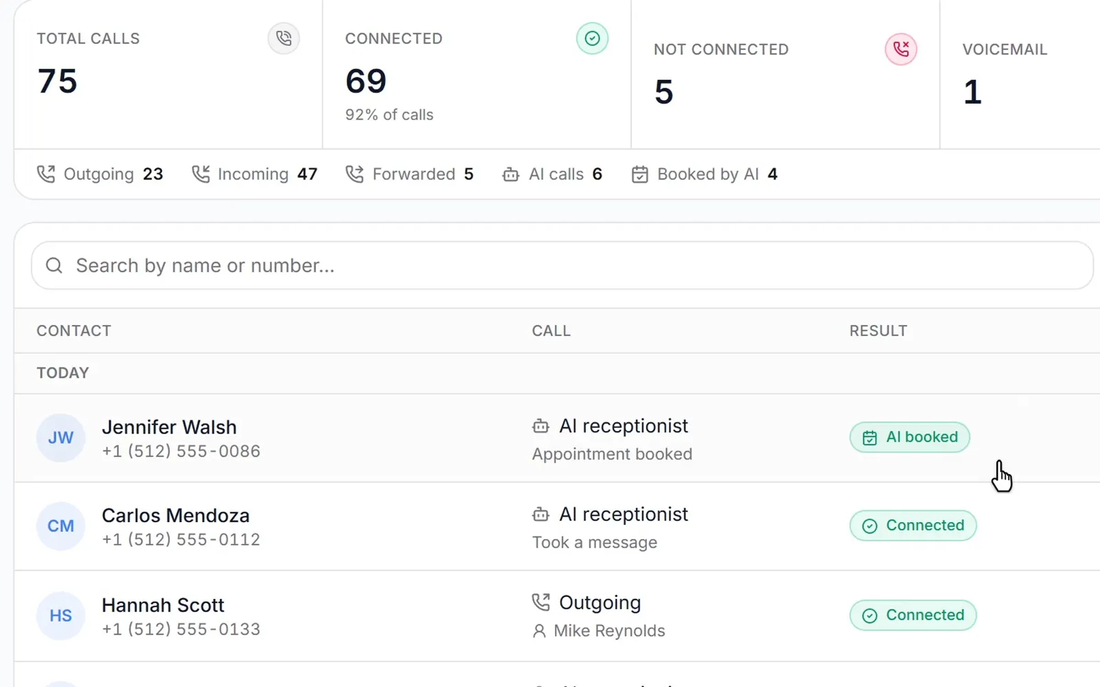 On Summit Roofing's Calls page, the AI receptionist picks up a 6:34 PM call, books a free roof inspection, and the call opens to its summary, recording and transcript.