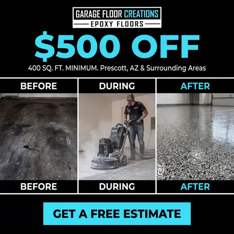 Epoxy Flooring ad: $500 off a garage floor, before and after