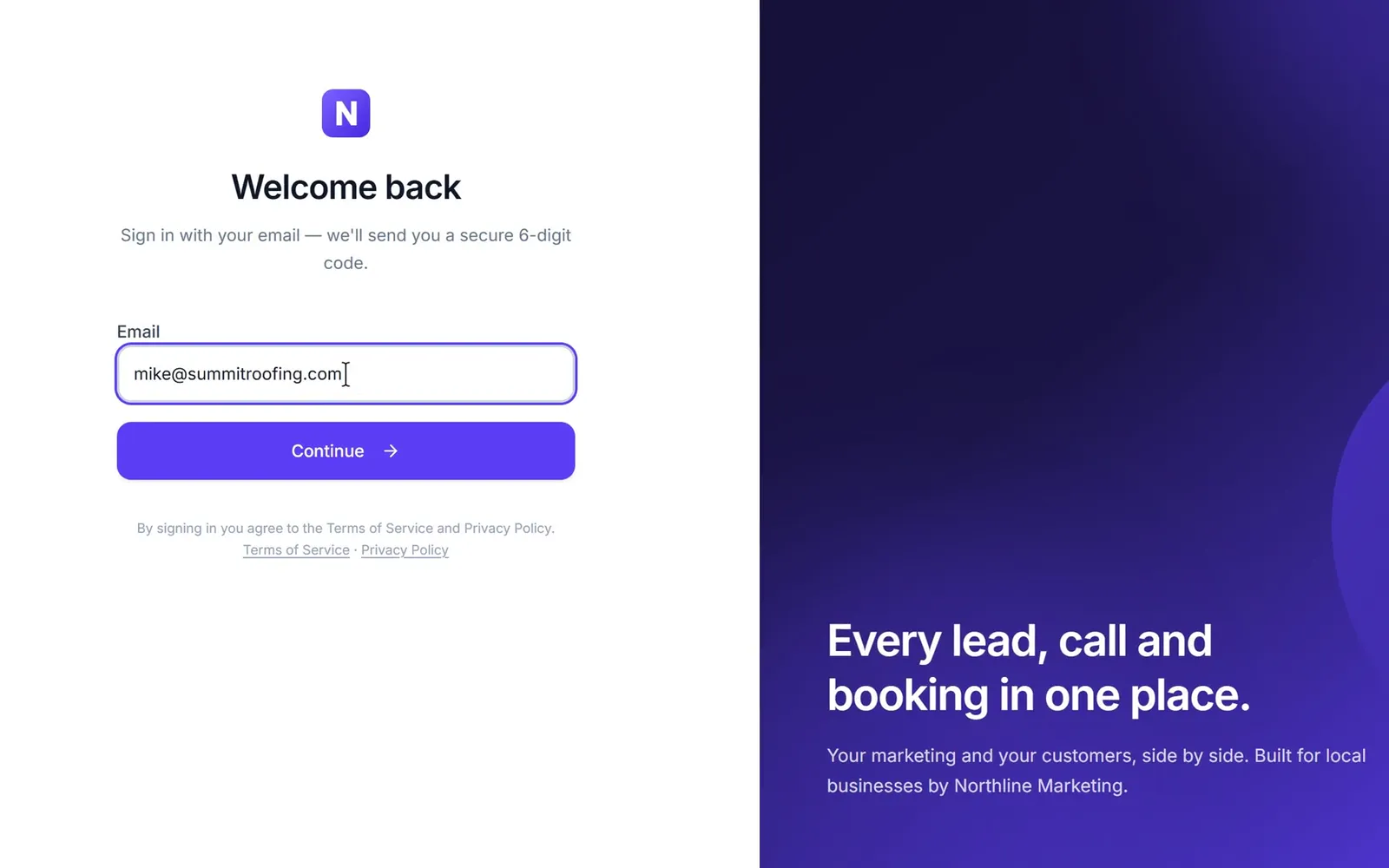 Northline Marketing sets its brand name, logo, colors, custom domain and email domain, then a client signs in on crm.northline.co and lands in a CRM that carries only Northline's brand.